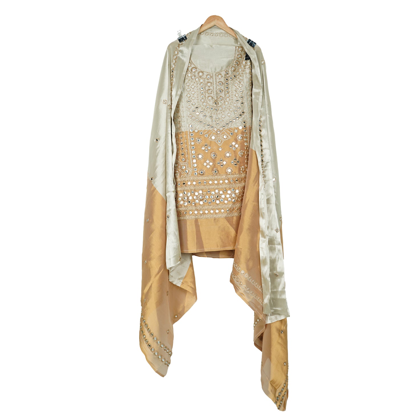 Golden with Copper Gold cutdana embroidery Pure Tissue Suit Set Dupatta TF-31368