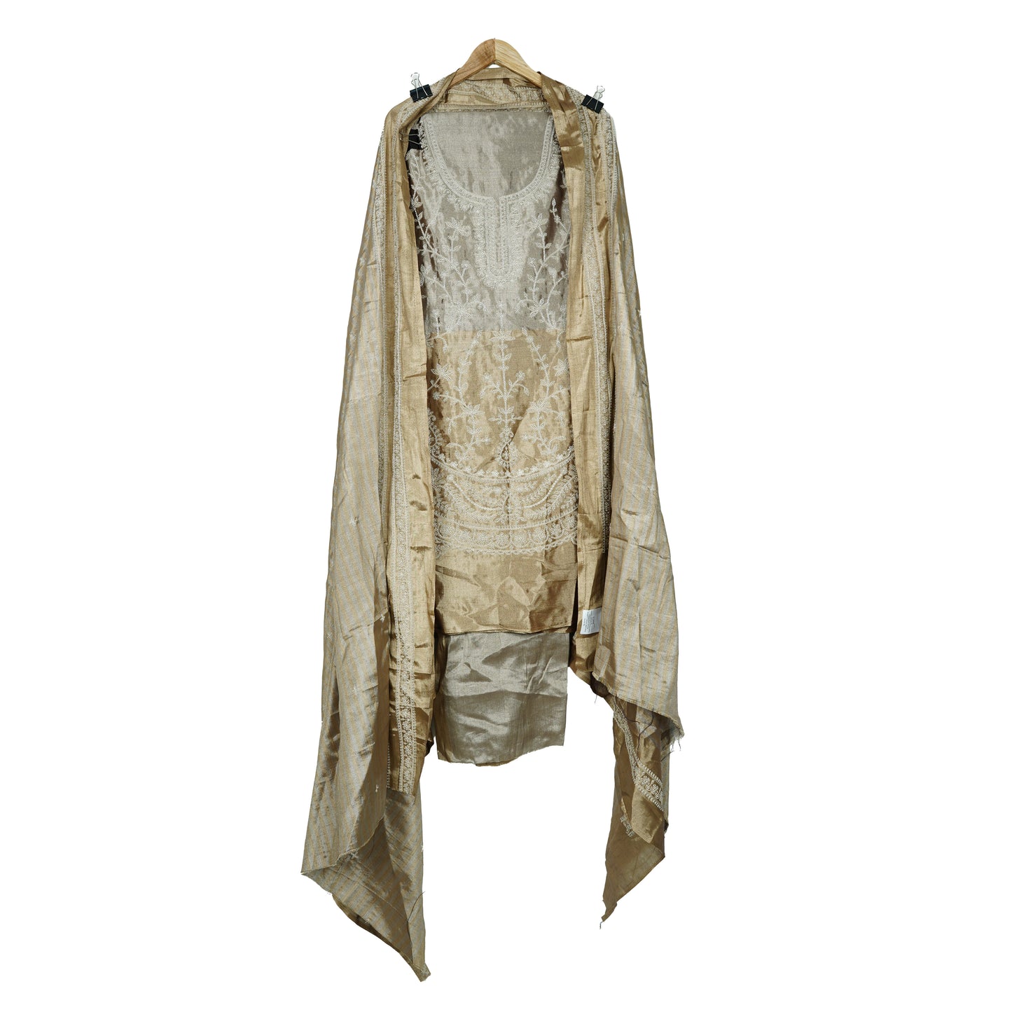 Grey with Golden cutdana thread embroidery Pure Tissue Suit Set Dupatta TF-31369