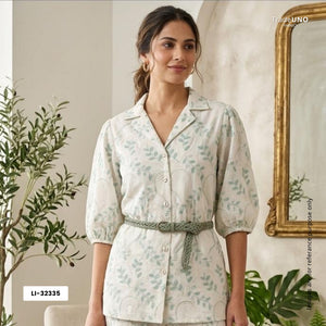 Off White With Sage Geen 3D Leaf Embroidery Tencel Schiffli Fabric LI-32335 - TradeUNO