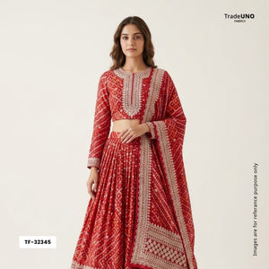 Red Bandhani Jacquard Cutdana Embroidery Russian Silk Fabric TF-32345 - TradeUNO