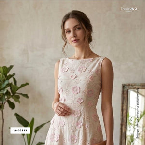 Off White With Beige 3D Floral Embroidery Tencel Schiffli Fabric LI-32333 - TradeUNO