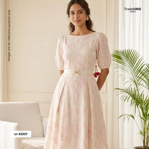Off White With Pink 3D Leaf Embroidery Tencel Schiffli Fabric LI-32337 - TradeUNO