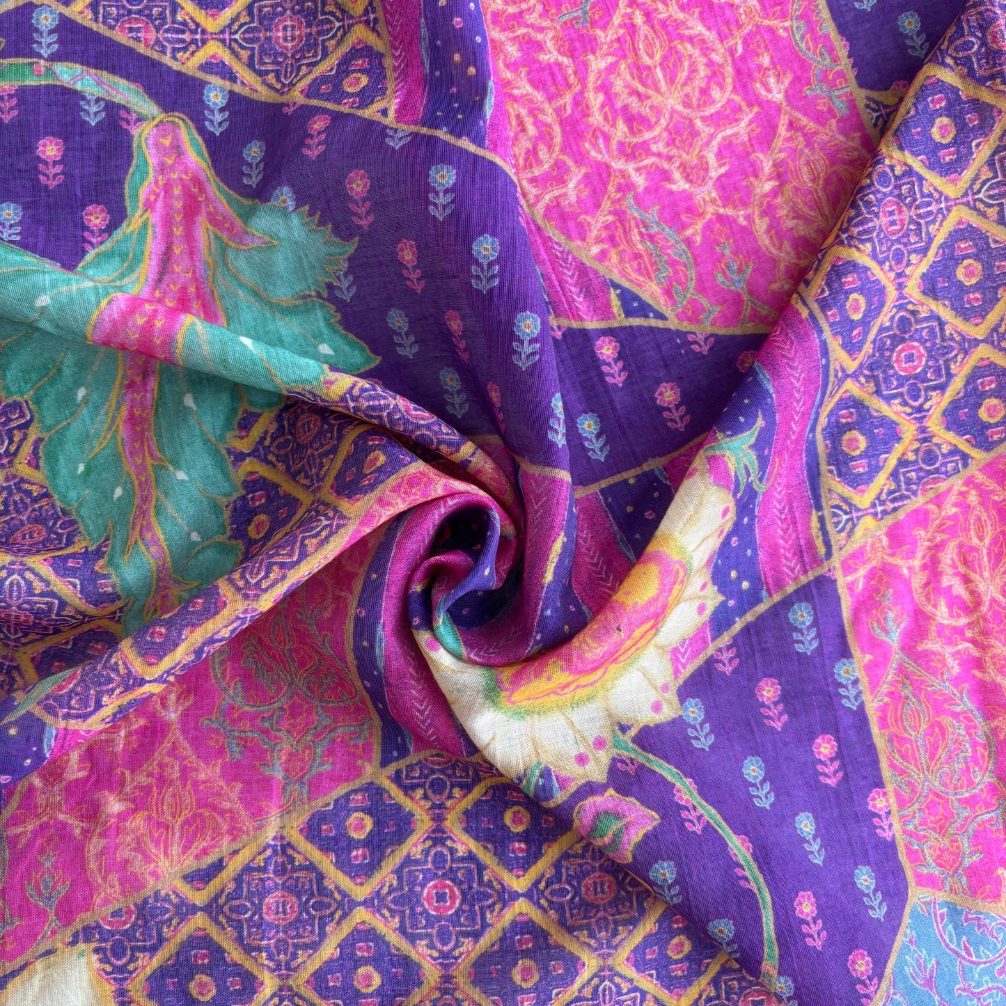 Purple Floral Print Chanderi Silk Fabric