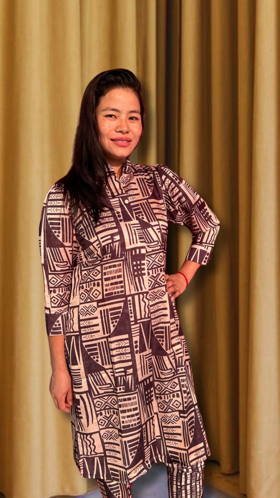 Premium Black Cream Abstract Linen Satin Co-Ord Set