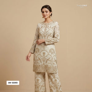 Off White Mughal Bird & Floral Jaal Embroidery Georgette Fabric DR-32393 - TradeUNO