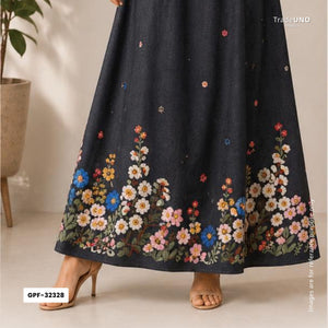 Black With Multicolor Floral Thread Emboidery Denim Fabric GPF-32328 - TradeUNO