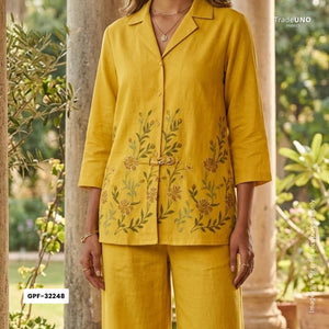 Mustard floral embroidery Cotton Linen Fabric GPF-32248 - TradeUNO