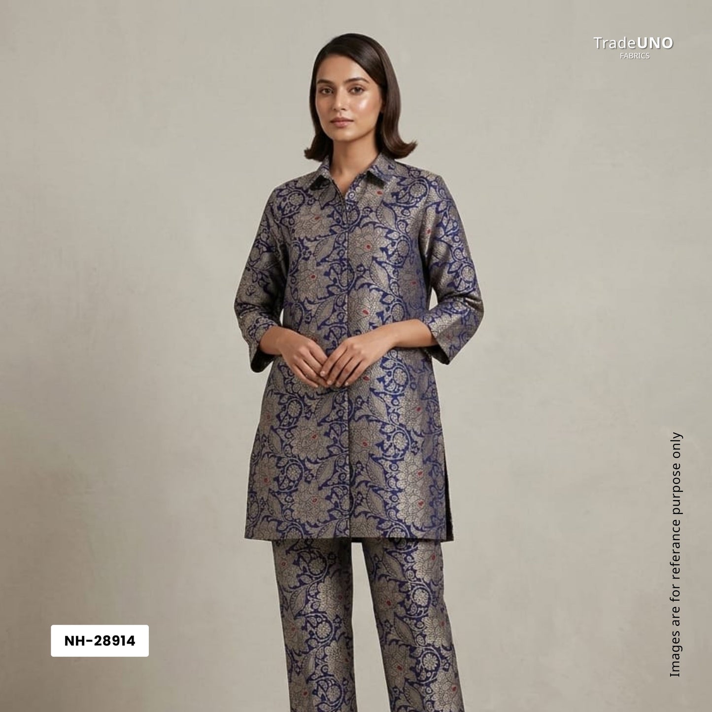 Navy Blue Silver Jaal Brocade Fabric NH-28914