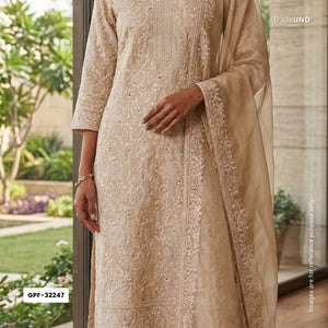 Beige thread embroidery Pure Munga Silk Fabric GPF-32247 - TradeUNO