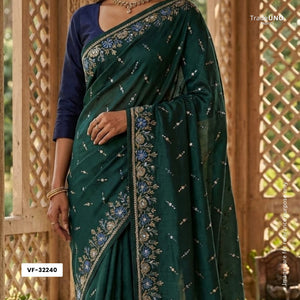 Dark Green with Blue 4D Buti embroidery Malai Chanderi Fabric VF-32240 - TradeUNO