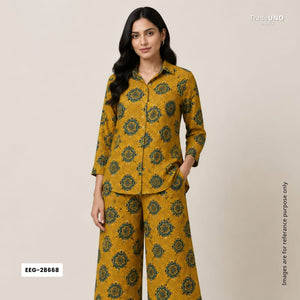 Mustard Yellow Ajrakh Print Mashru Silk Fabric EEG-28668 - TradeUNO