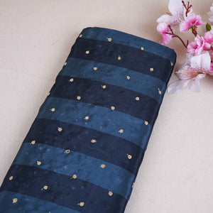 Dark Grey & Teal Green stripes embroidery Crepe Fabric MF-28582 - TradeUNO
