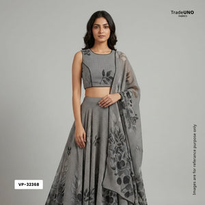 Charcol Grey & Black Floral Print Georgette Fabric VP-32368 - TradeUNO