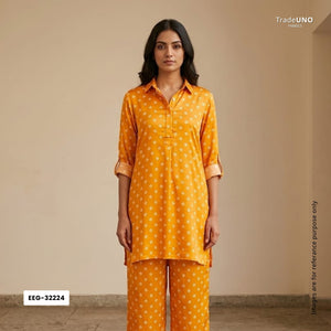 Yellow Bandhani Print Modal Satin Fabric EEG-32224 - TradeUNO