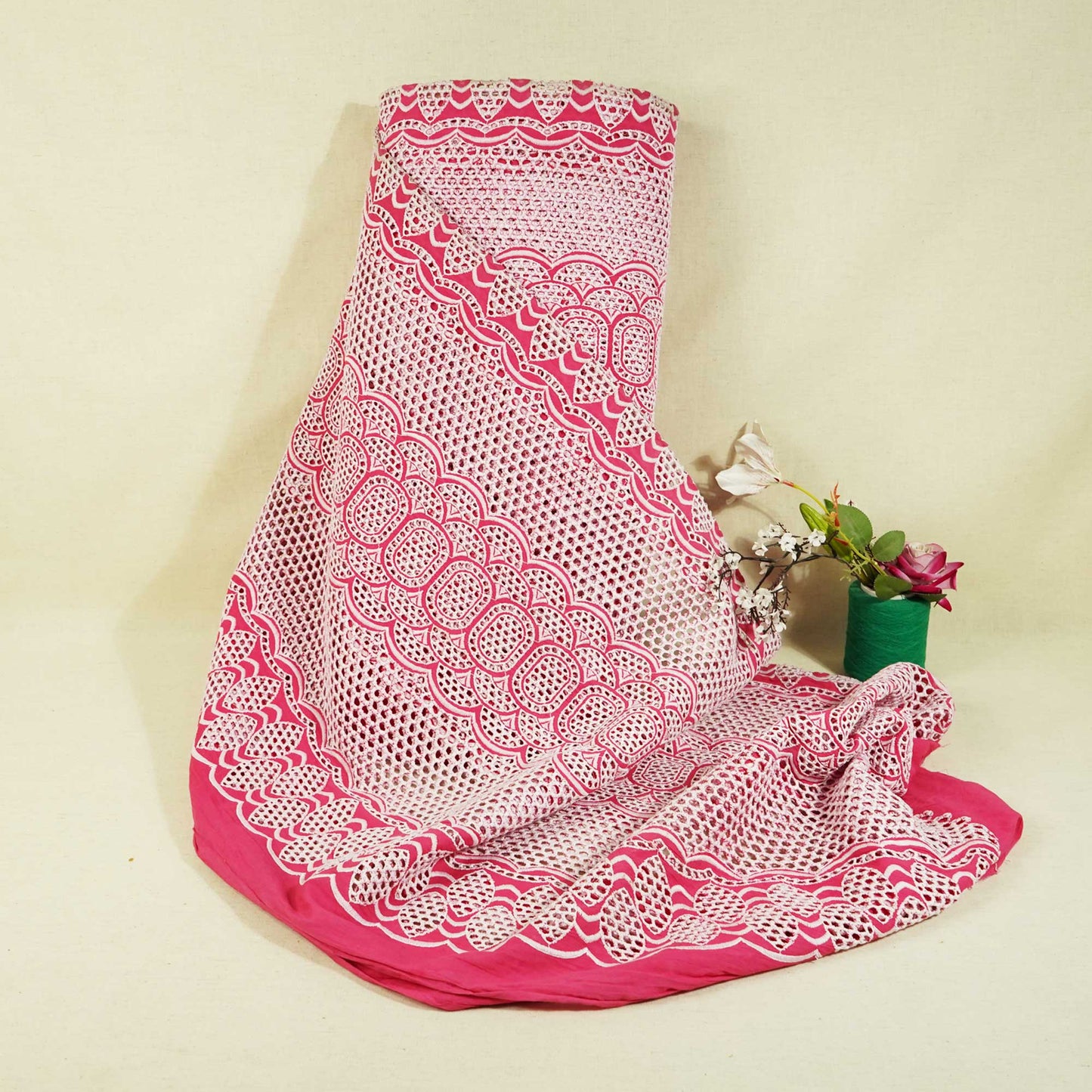 Pink & White Schiffli Embroidery Cotton TU-6436