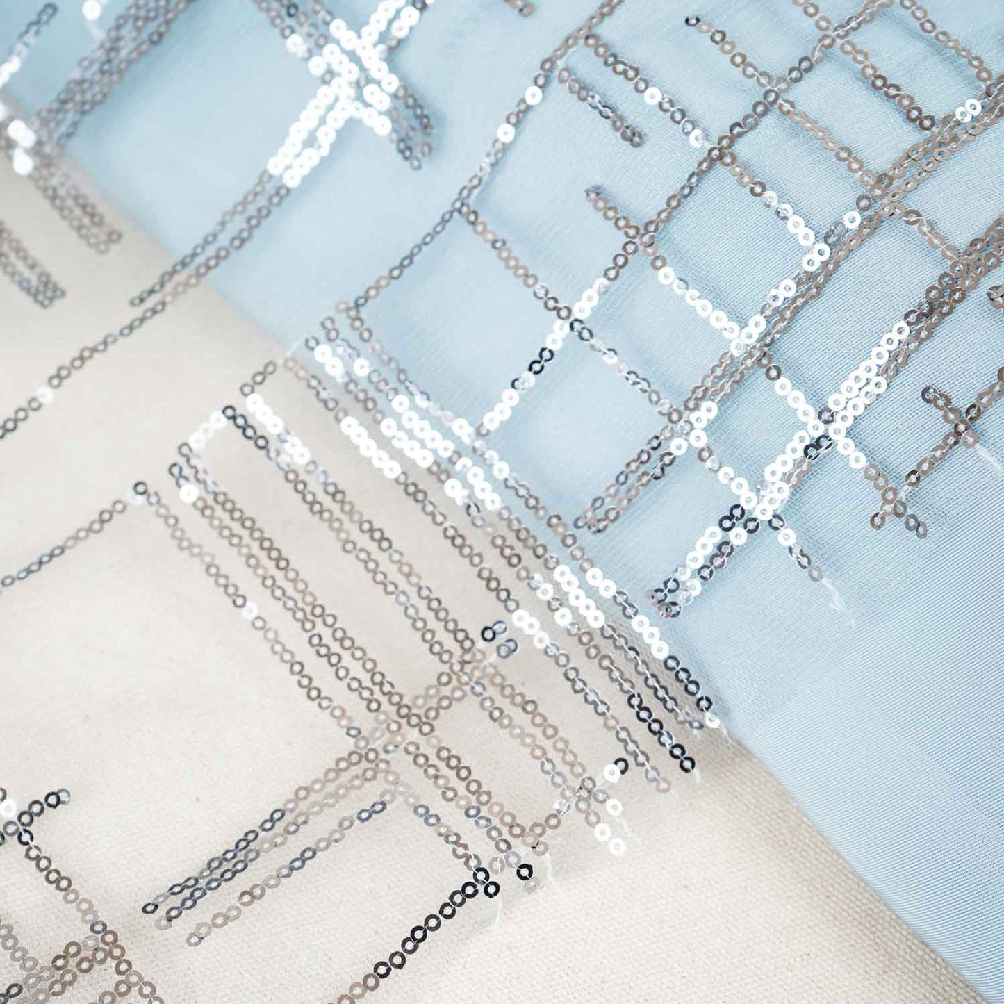 Grey Checks Sequins Embroidery Net Fabric