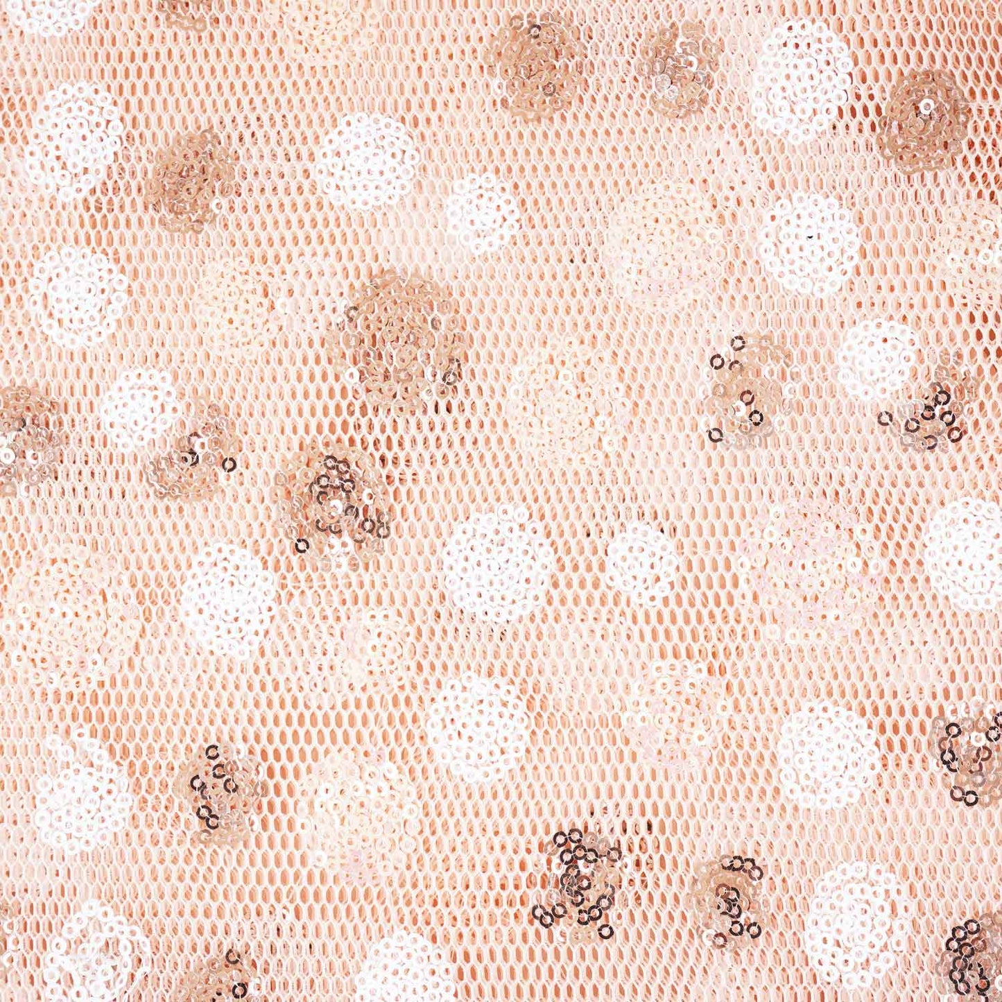 Peach With White Brown Sequins Embroidery Net Fabric