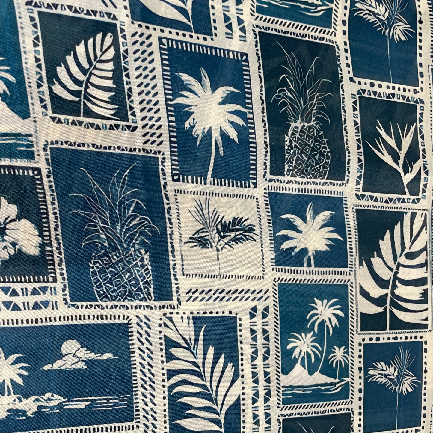 White Blue Check Box Print Satin Georgette