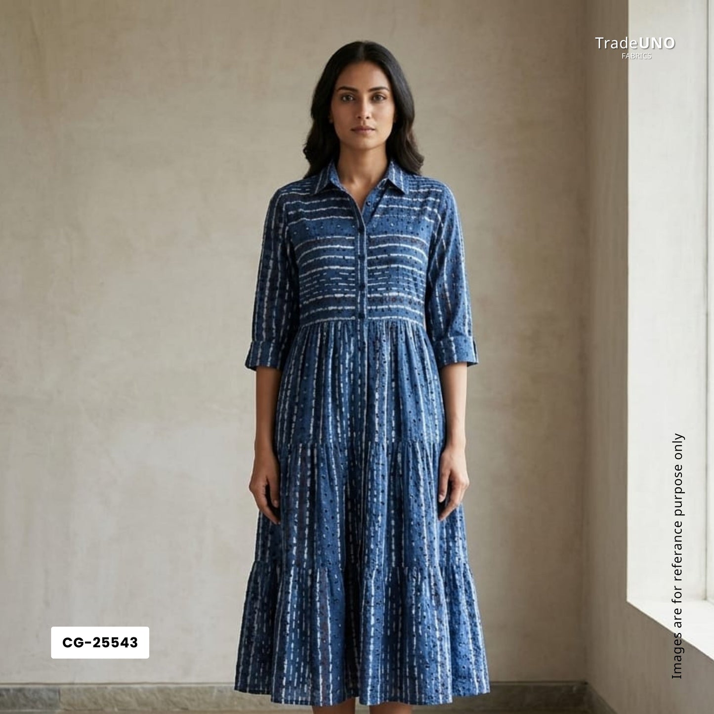 Indigo Stripes Print Cotton Schiffli Fabric CG-25543 - TradeUNO