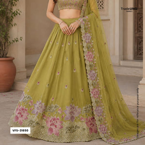 Olive Green Cutwork embroidery Crepe Fabric VFS-31650 - TradeUNO