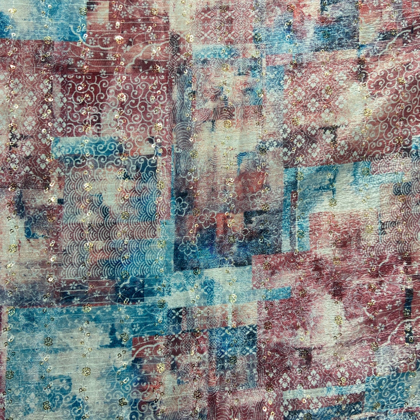 Blue & Multicolor Traditional Print Chinon Fabric