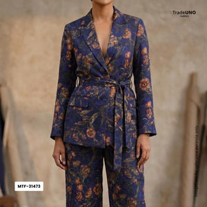 Royal Blue floral Jacquard print Pure Crepe Fabric MTF-31473 - TradeUNO
