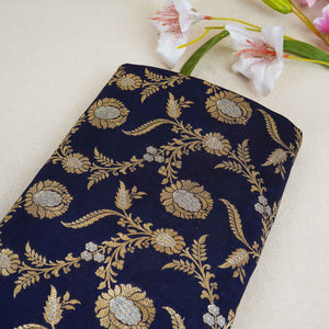 Navy Blue Floral Jaal Katan Silk Fabric NH-28895 - TradeUNO