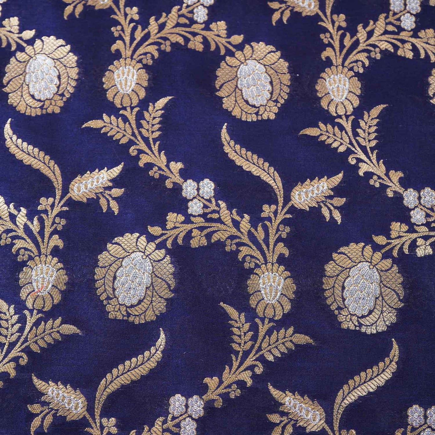 Navy Blue Floral Jaal Katan Silk Fabric NH-28895