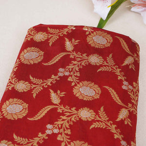 Red Floral Jaal Katan Silk Fabric NH-28897 - TradeUNO