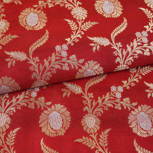 Red Floral Jaal Katan Silk Fabric NH-28897 - TradeUNO