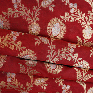 Red Floral Jaal Katan Silk Fabric NH-28897 - TradeUNO