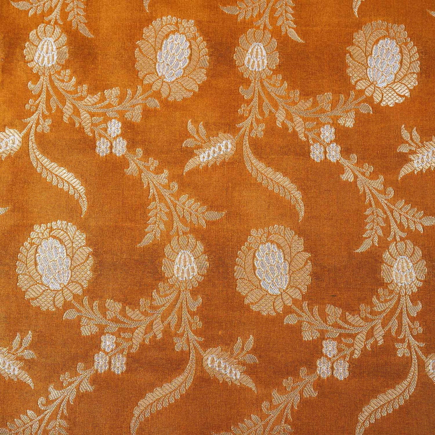 Mustard Floral Jaal Katan Silk Fabric NH-28899