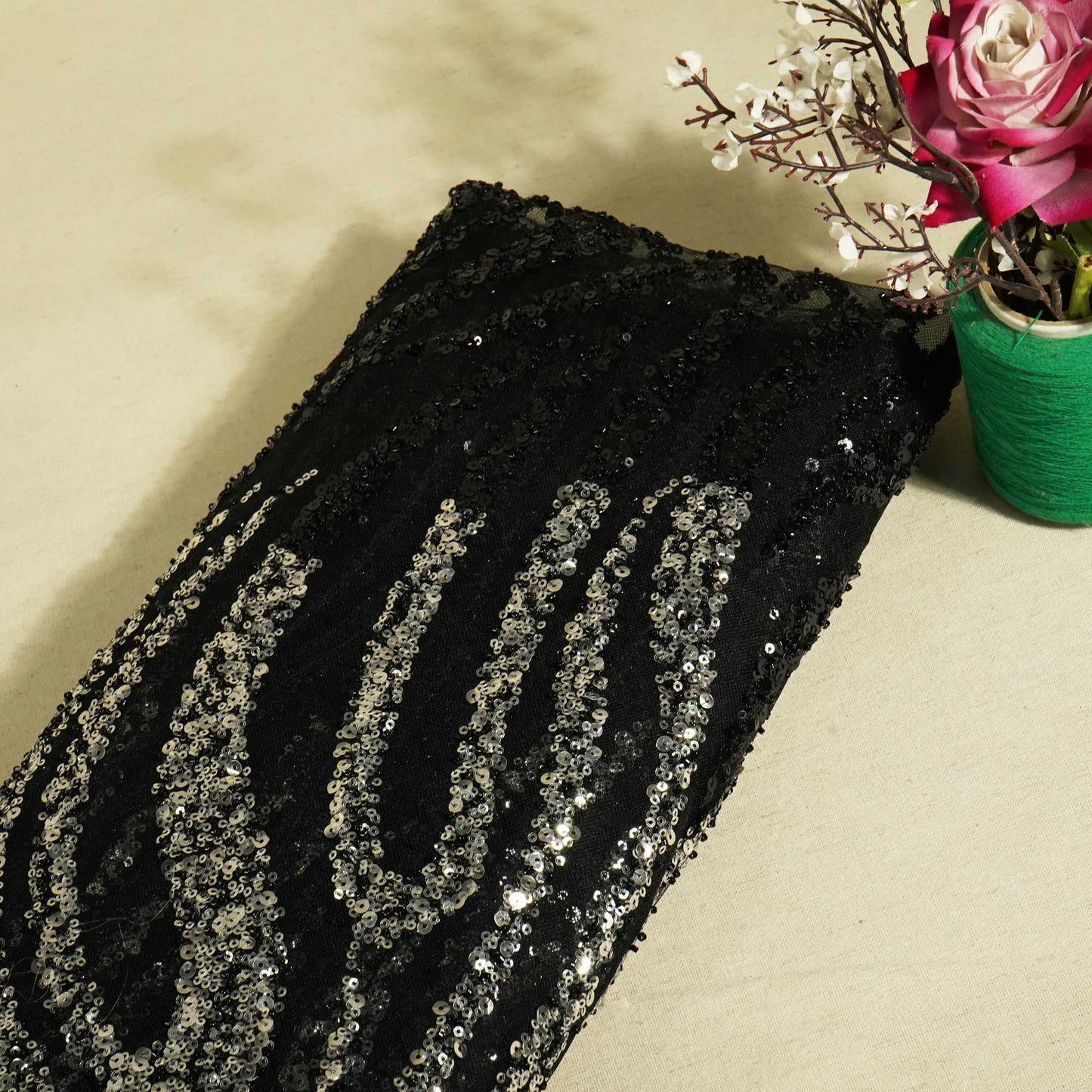 Black & Silver Handwork Bead Imported & Sequence Embroidery Net CF-8998