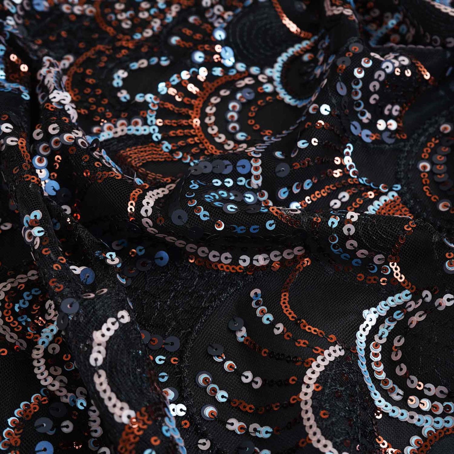 Black & Multicolor Handwork Imported Sequence Embroidery Net Fabric 9001