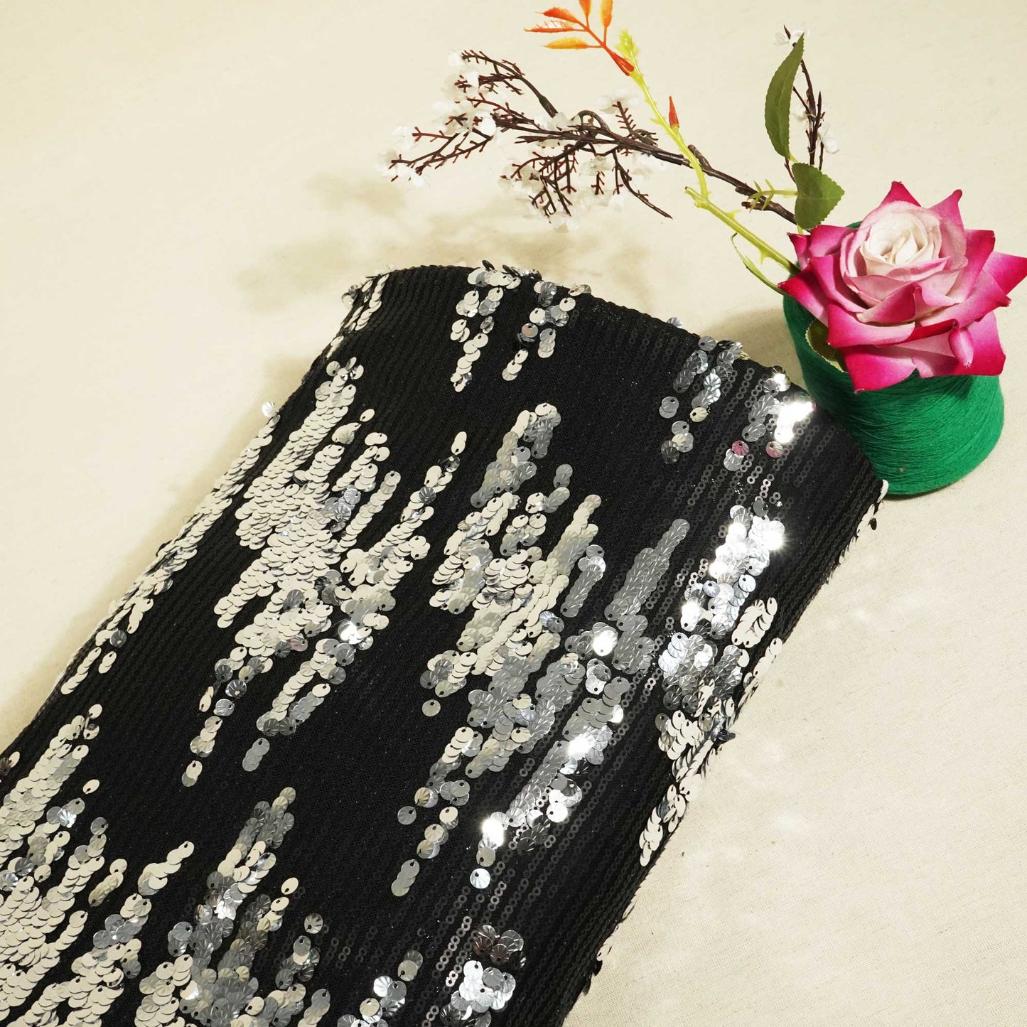 Black & Silver Imported Sequence Embroidery Net AAF-9012