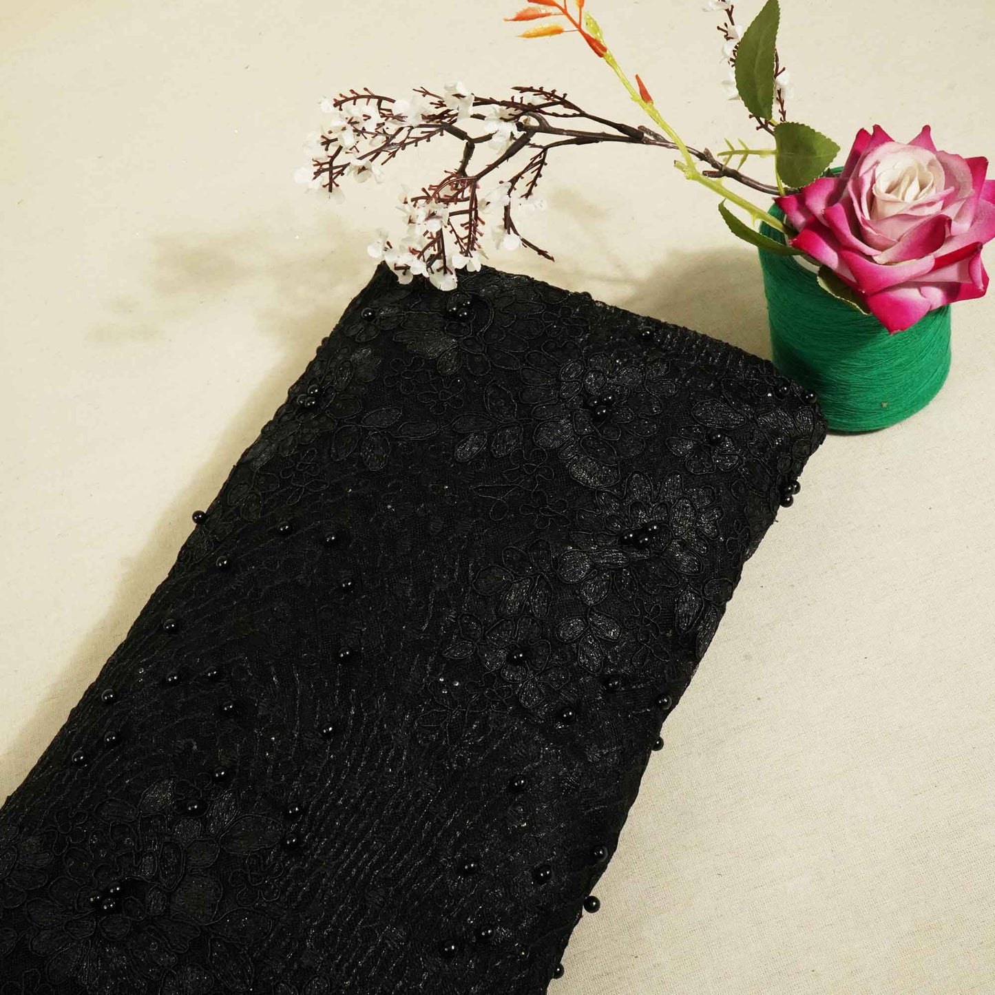 Black Imported Pearl & Sequence Thread Embroidery Net AAF-9015