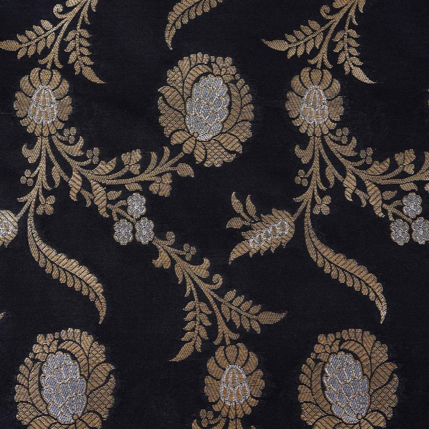 Black Floral Jaal Katan Silk Fabric NH-28902