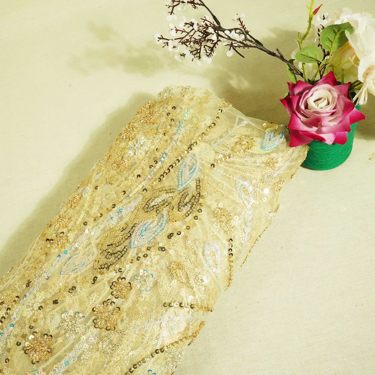 Light Yellow Imported Handwork Bead Sequence Embroidery Net CF-9033