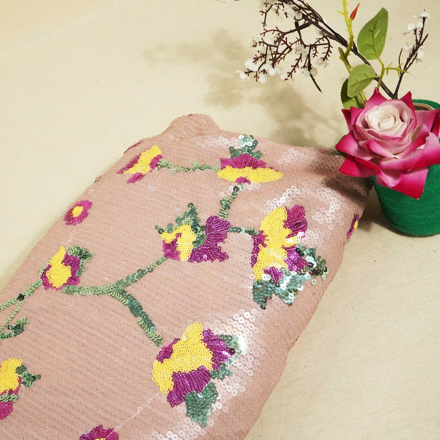 Light Purple & Multicolor Floral Sequence Embroidery Lycra Net CF-9110