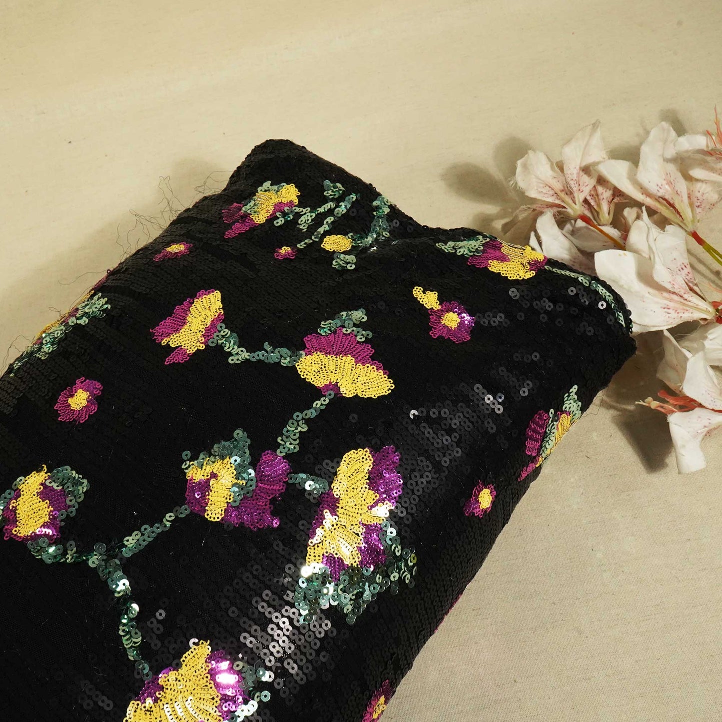 Black & Multicolor Floral Sequence Embroidery Lycra Net CF-9111