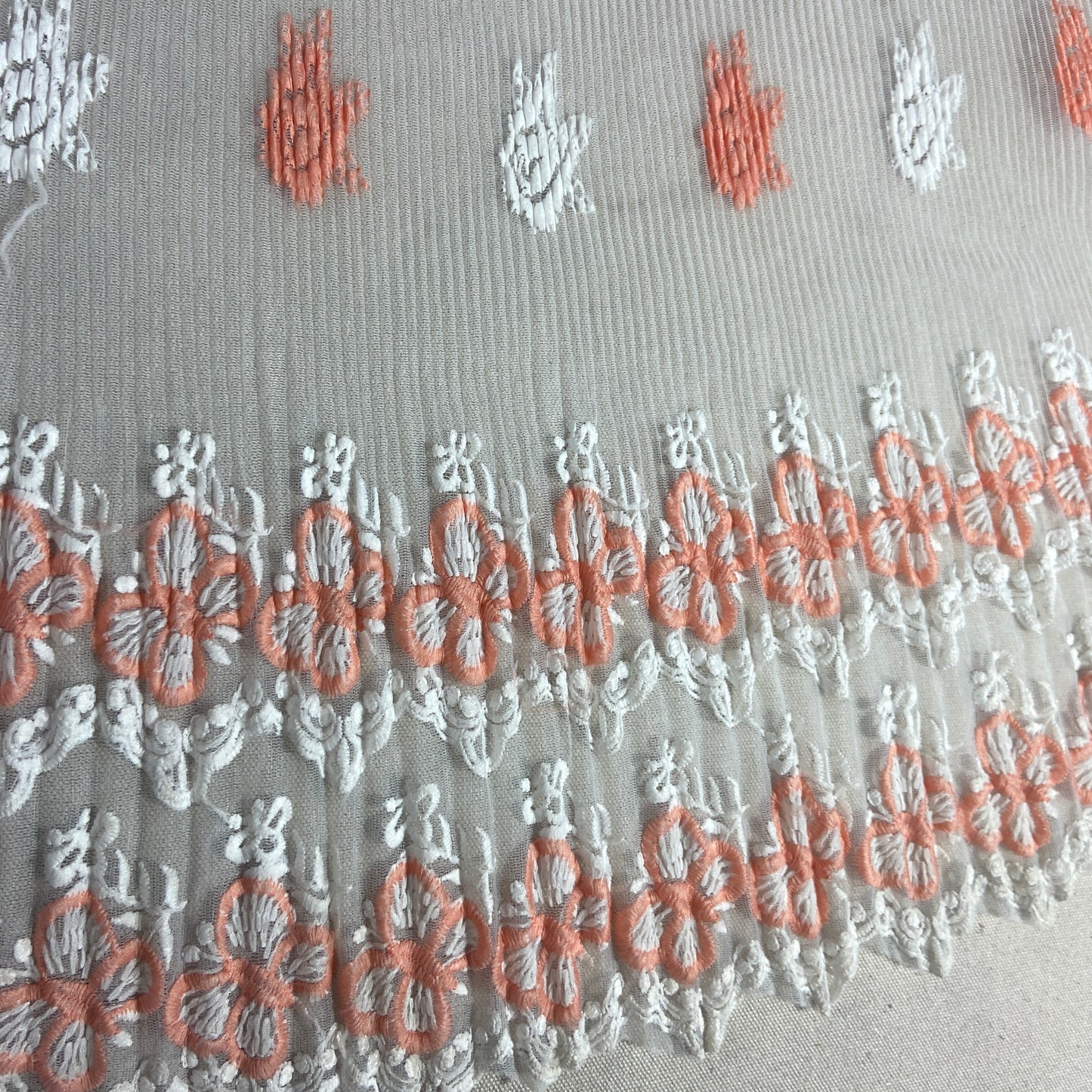 Peach Pink Floral Pleated Thread Embroidery Net Organza