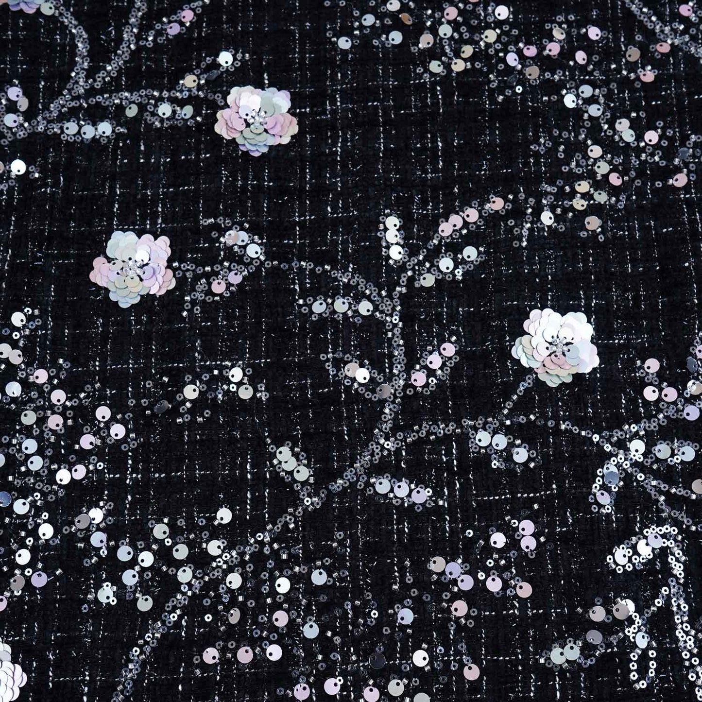 Black Floral Embroidery Tweed Fabric PDM-28942