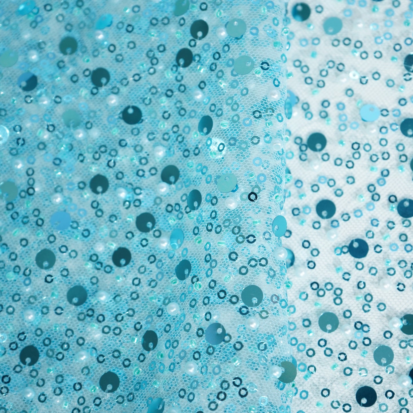 Sky Blue Imported Pearl & Sequence Embroidery Net Fabric
