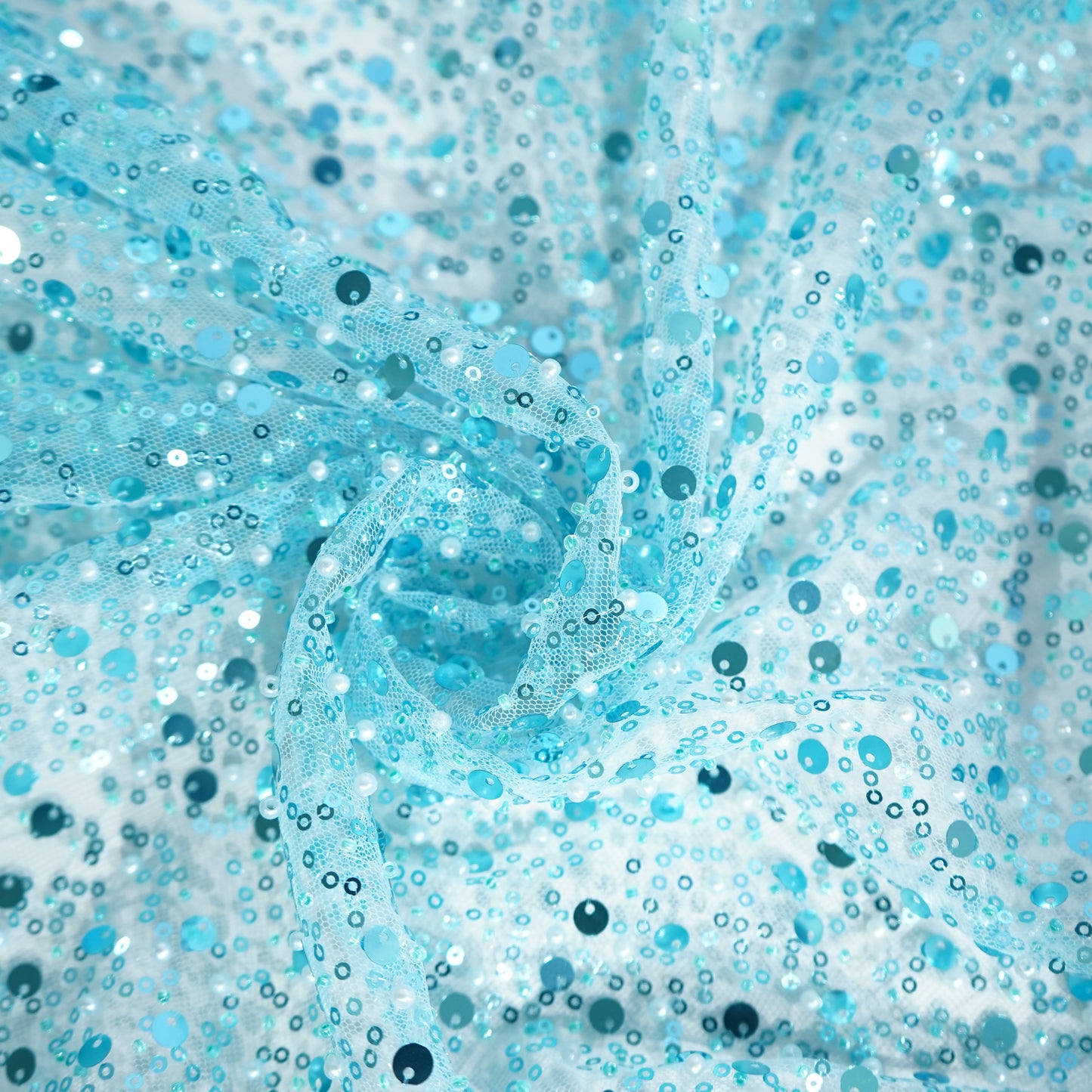 Sky Blue Imported Pearl & Sequence Embroidery Net Fabric