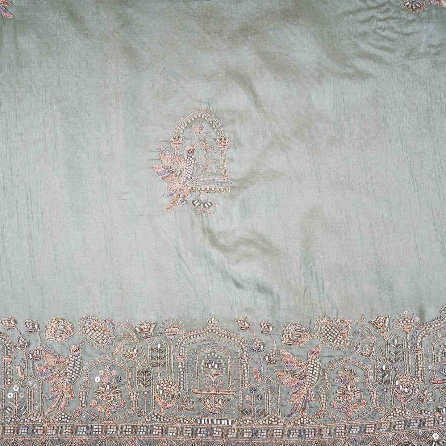 Mint Green Traditional Pearl Cutdana Dola Silk Fabric TA-28987