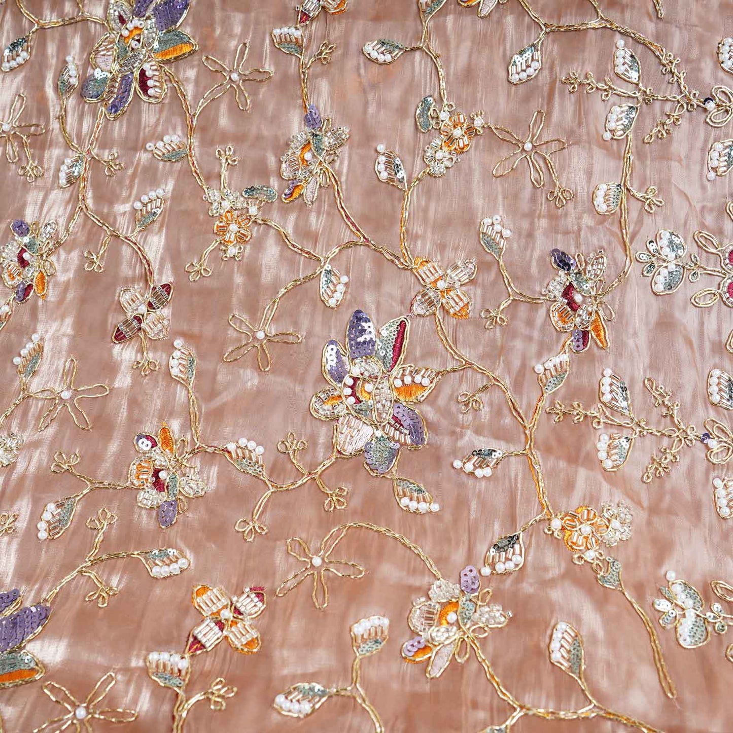 Peach Floral Zari Embroidery Tissue Organza Fabric AF-28991