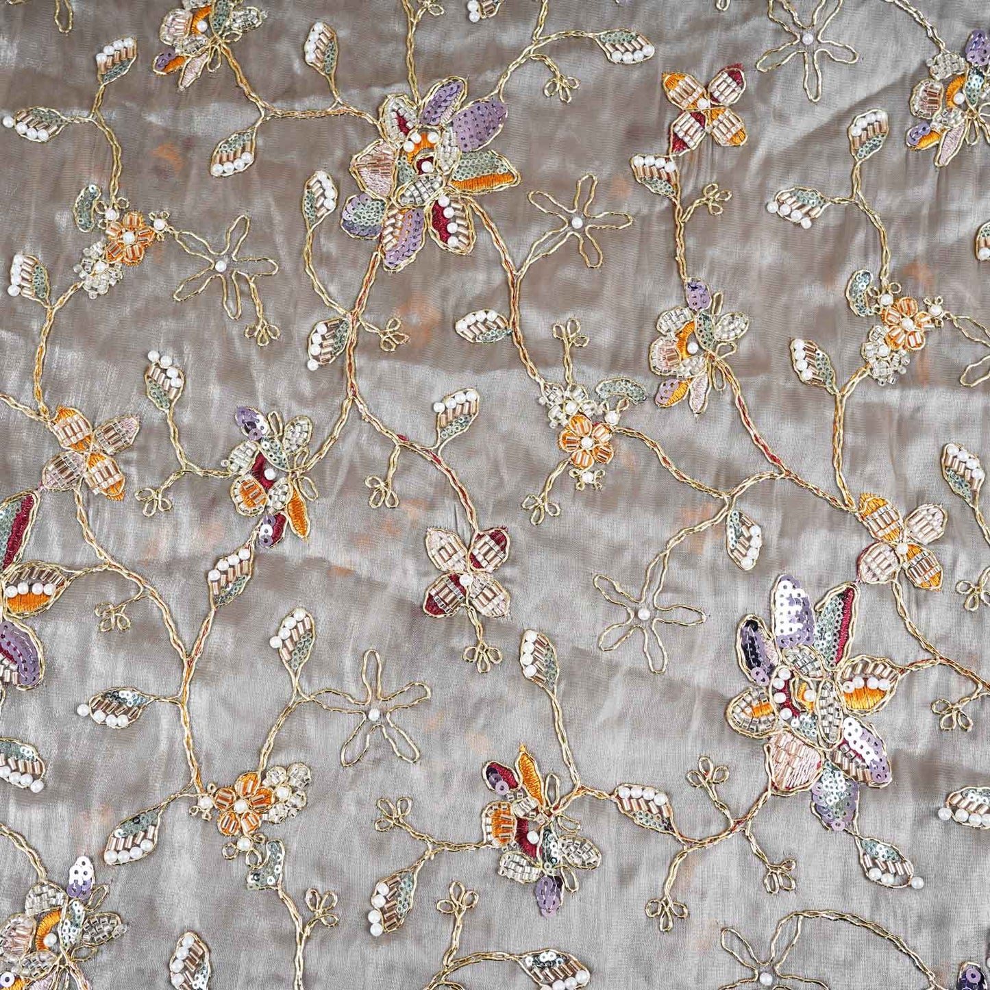 Olive Green Floral Zari Embroidery Tissue Organza Fabric AF-28992