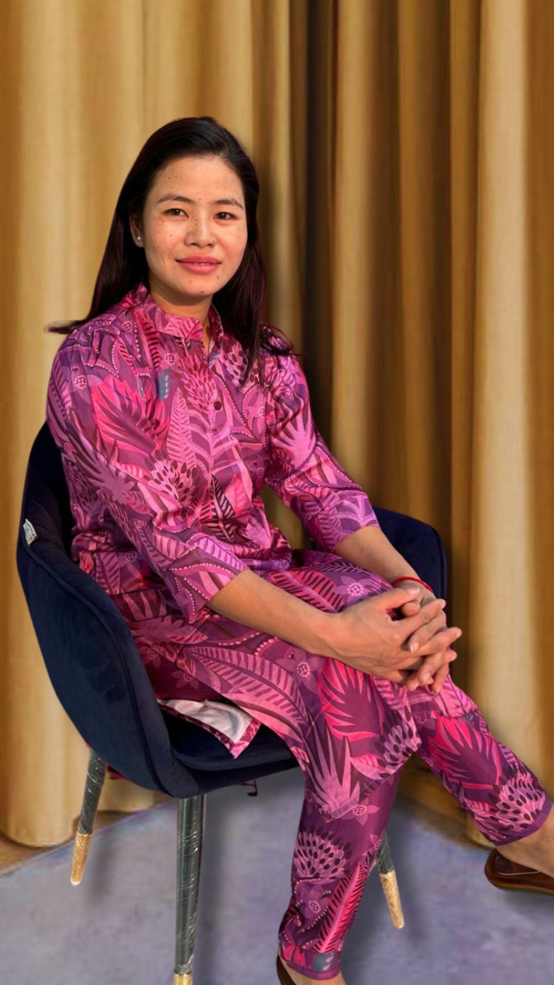 Premium Magenta Pink Multicolor Floral Linen Satin Co-Ord Set