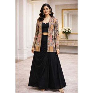 Black Traditional Zari Embroidery Crepe Fabric LT-28626 - TradeUNO