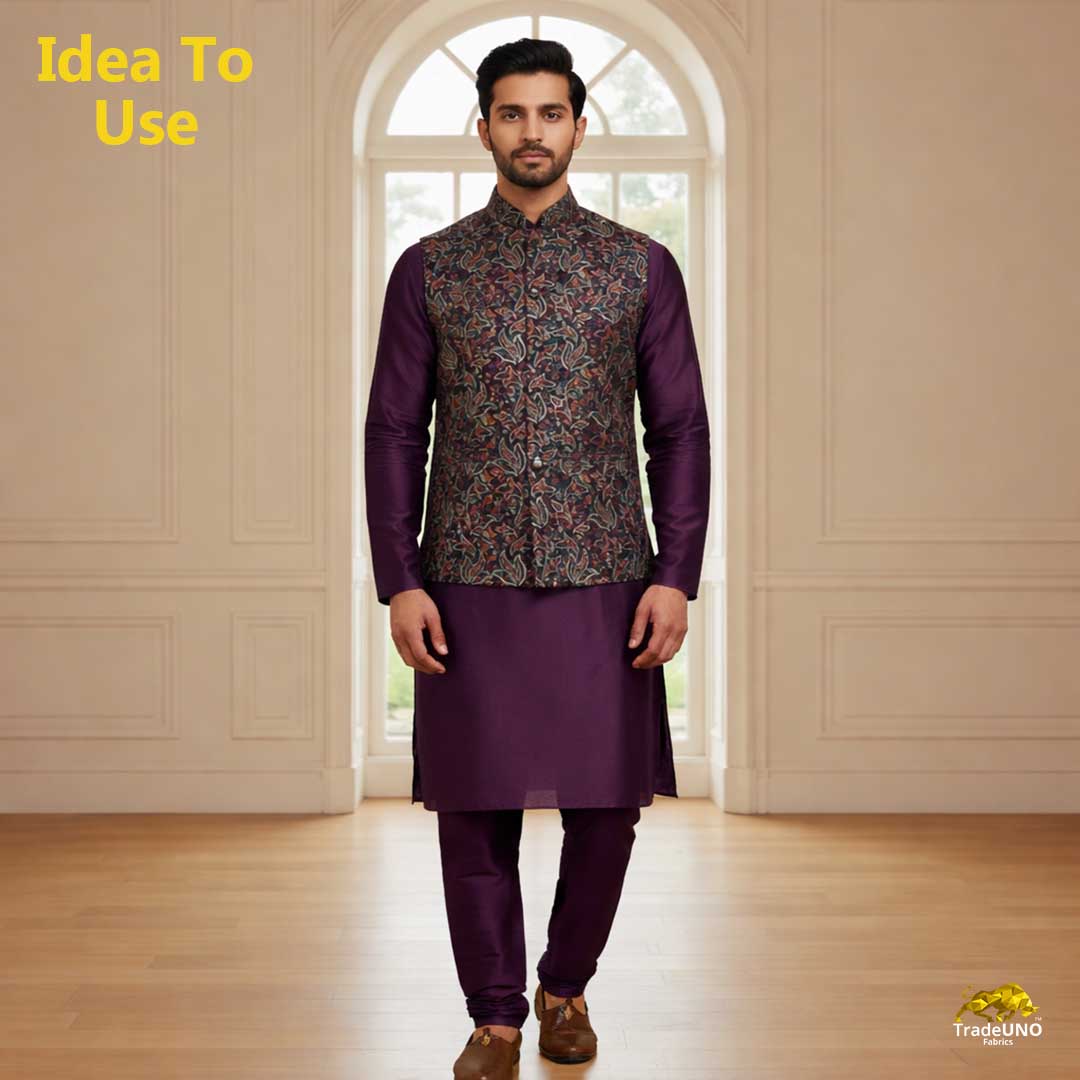 Black Thread Zari Embroidery Russian Silk Fabric 19540